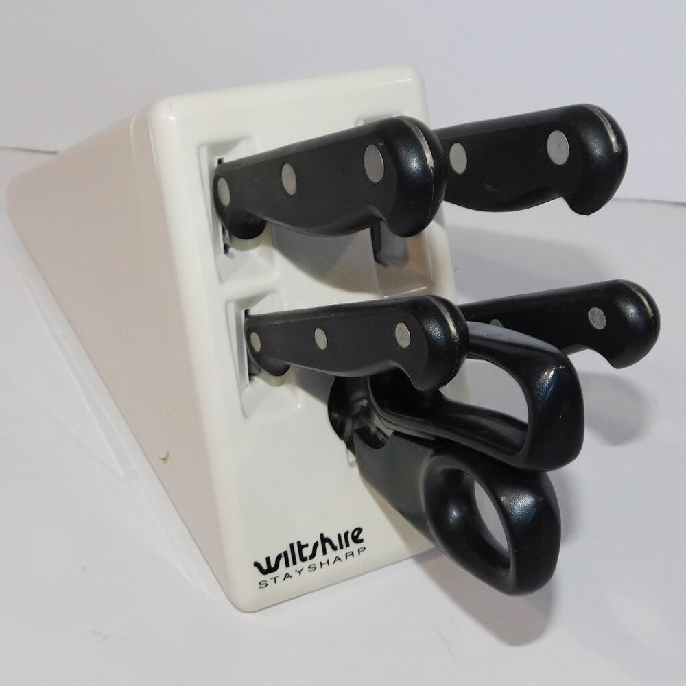 VTG 90s Wiltshire Staysharp 4 Kitchen Knives & Scissors Block Knife Black